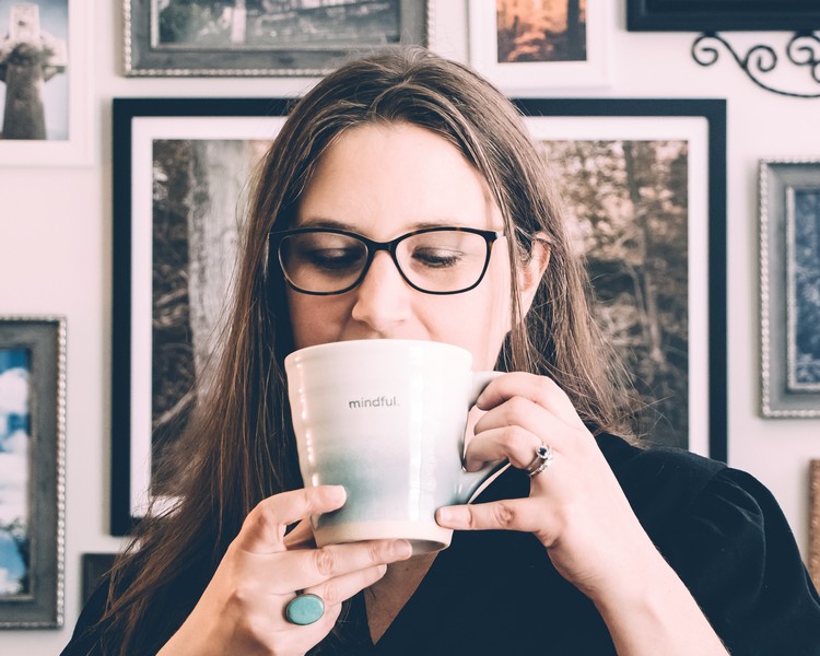 Selfie of Jen Beaul drinking coffee